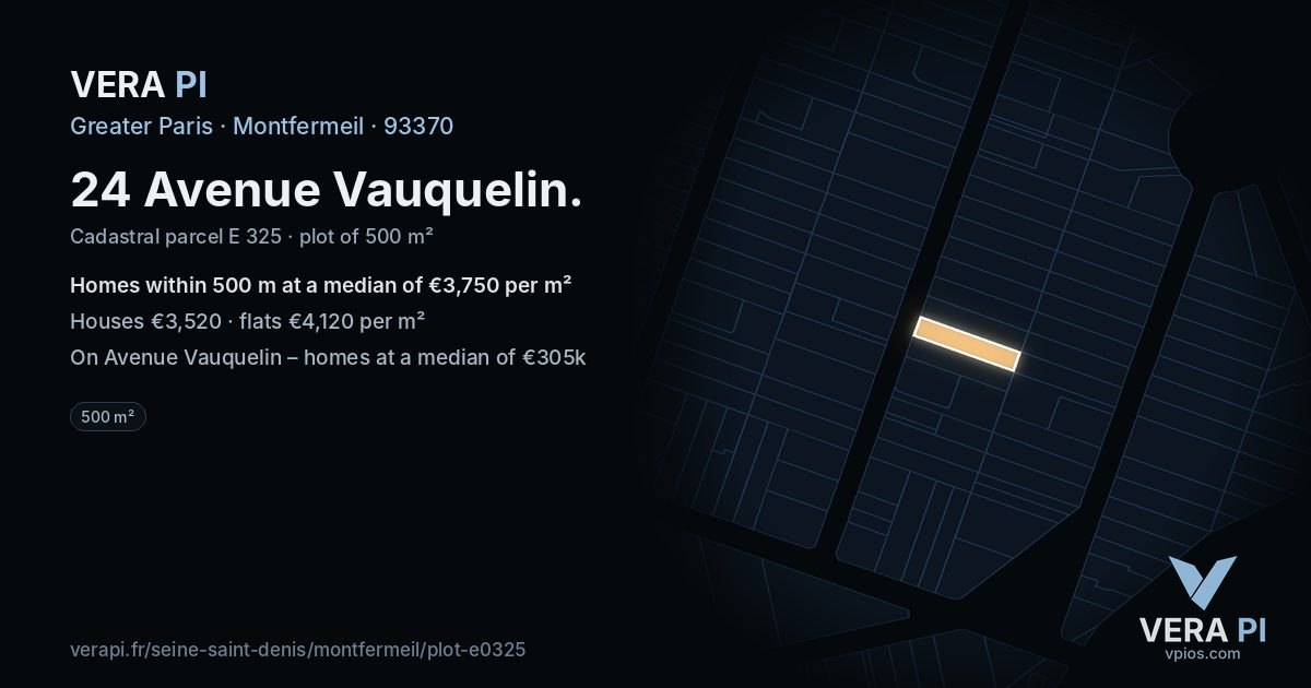 24 Avenue Vauquelin, Montfermeil at night – the plot lit, the parcels around coloured by the prices near them