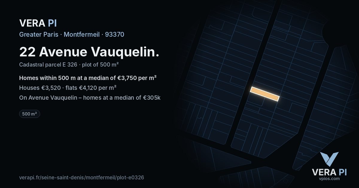 22 Avenue Vauquelin, Montfermeil at night – the plot lit, the parcels around coloured by the prices near them
