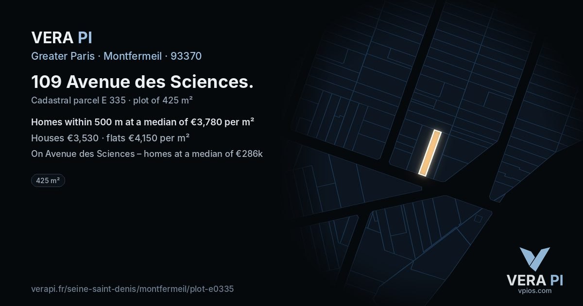 109 Avenue des Sciences, Montfermeil at night – the plot lit, the parcels around coloured by the prices near them