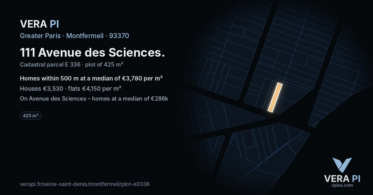 111 Avenue des Sciences, Montfermeil at night – the plot lit, the parcels around coloured by the prices near them