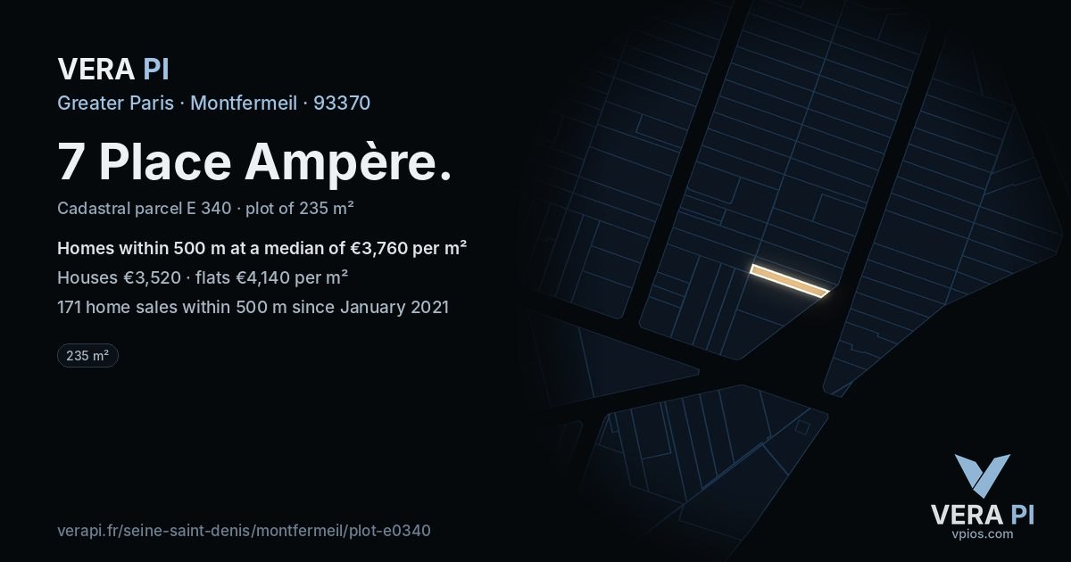 7 Place Ampère, Montfermeil at night – the plot lit, the parcels around coloured by the prices near them