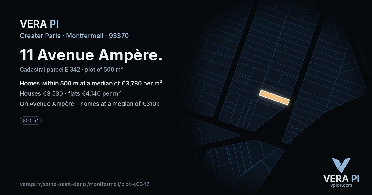 11 Avenue Ampère, Montfermeil at night – the plot lit, the parcels around coloured by the prices near them