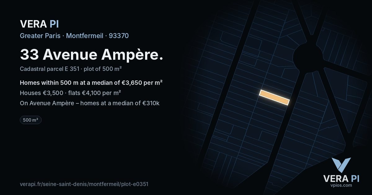 33 Avenue Ampère, Montfermeil at night – the plot lit, the parcels around coloured by the prices near them