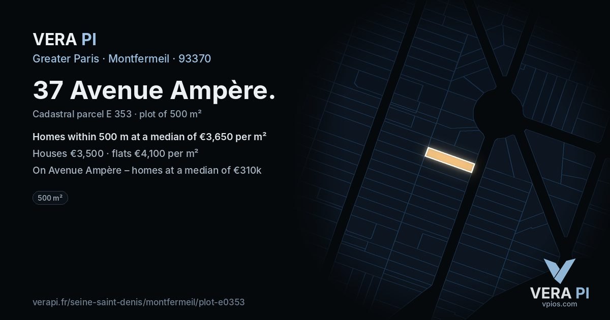 37 Avenue Ampère, Montfermeil at night – the plot lit, the parcels around coloured by the prices near them