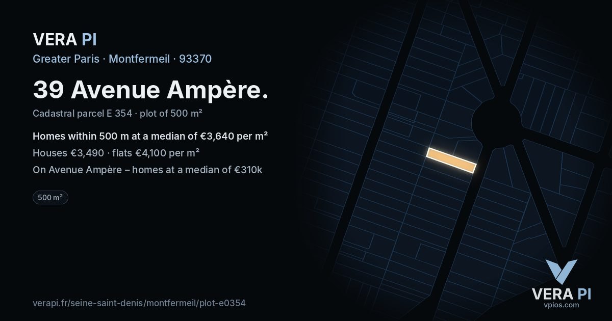 39 Avenue Ampère, Montfermeil at night – the plot lit, the parcels around coloured by the prices near them
