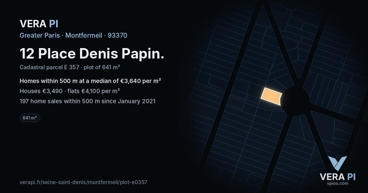 12 Place Denis Papin, Montfermeil at night – the plot lit, the parcels around coloured by the prices near them