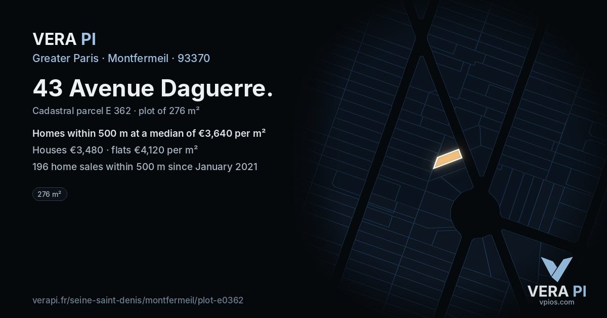 43 Avenue Daguerre, Montfermeil at night – the plot lit, the parcels around coloured by the prices near them