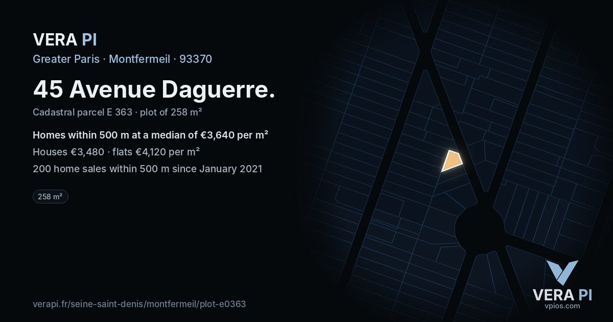 45 Avenue Daguerre, Montfermeil at night – the plot lit, the parcels around coloured by the prices near them