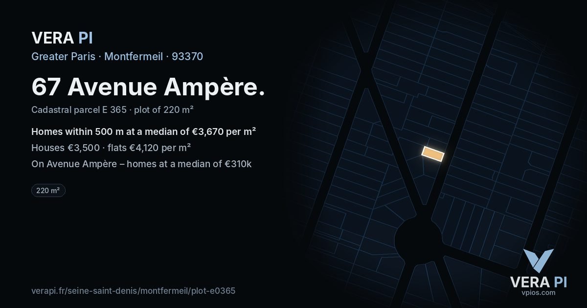 67 Avenue Ampère, Montfermeil at night – the plot lit, the parcels around coloured by the prices near them