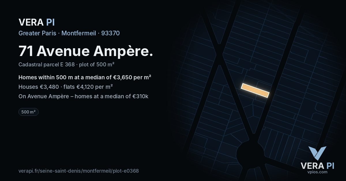 71 Avenue Ampère, Montfermeil at night – the plot lit, the parcels around coloured by the prices near them