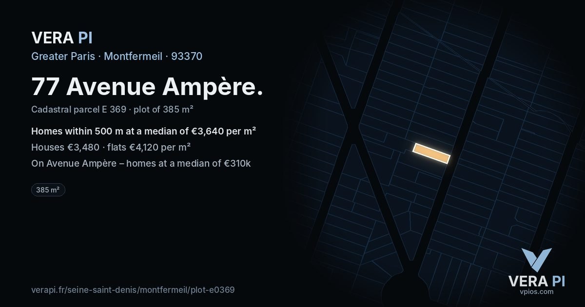 77 Avenue Ampère, Montfermeil at night – the plot lit, the parcels around coloured by the prices near them