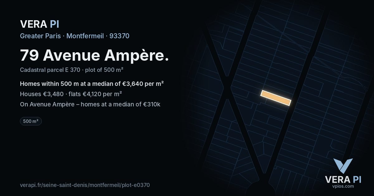 79 Avenue Ampère, Montfermeil at night – the plot lit, the parcels around coloured by the prices near them