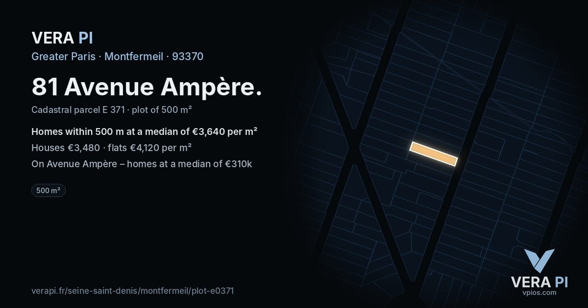 81 Avenue Ampère, Montfermeil at night – the plot lit, the parcels around coloured by the prices near them