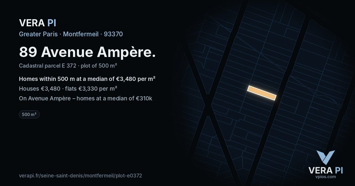 89 Avenue Ampère, Montfermeil at night – the plot lit, the parcels around coloured by the prices near them