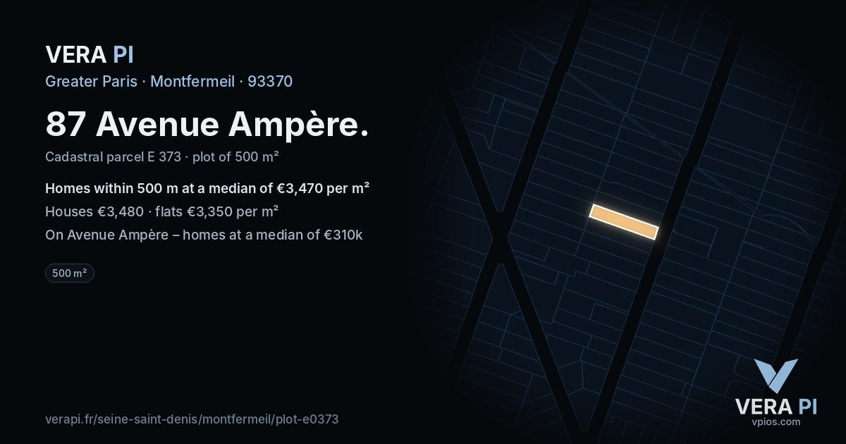 87 Avenue Ampère, Montfermeil at night – the plot lit, the parcels around coloured by the prices near them