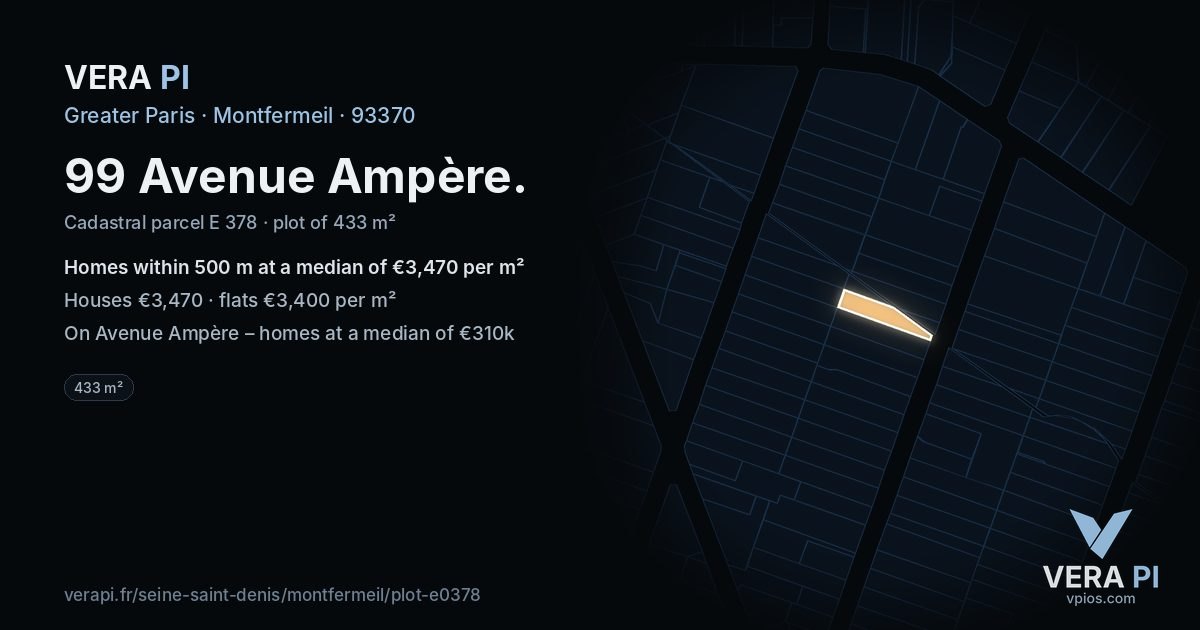 99 Avenue Ampère, Montfermeil at night – the plot lit, the parcels around coloured by the prices near them