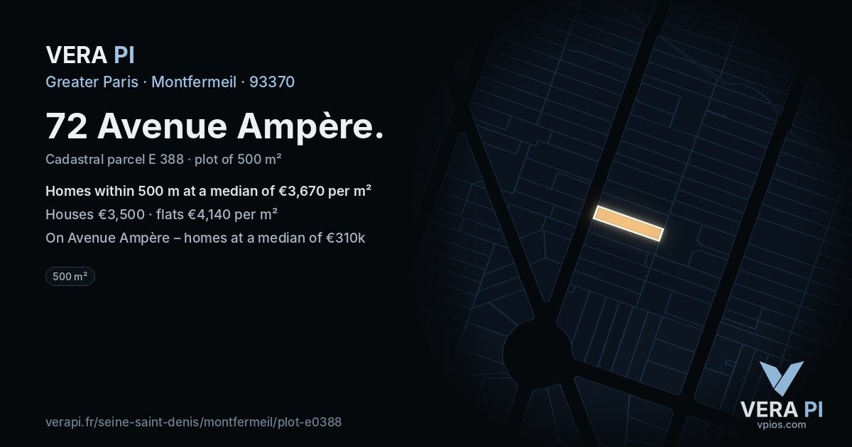 72 Avenue Ampère, Montfermeil at night – the plot lit, the parcels around coloured by the prices near them