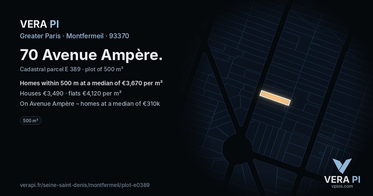 70 Avenue Ampère, Montfermeil at night – the plot lit, the parcels around coloured by the prices near them