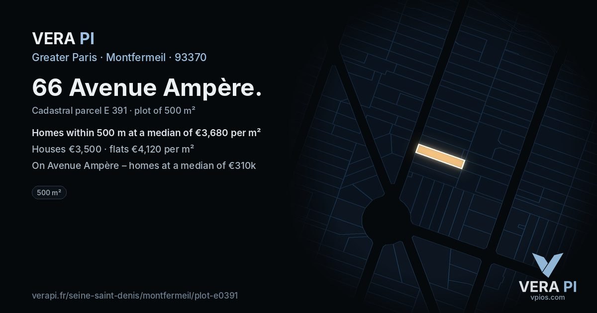 66 Avenue Ampère, Montfermeil at night – the plot lit, the parcels around coloured by the prices near them