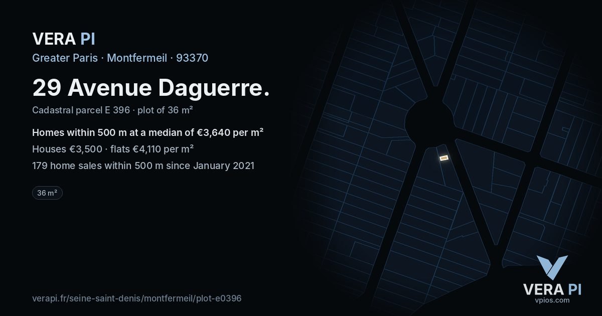 29 Avenue Daguerre, Montfermeil at night – the plot lit, the parcels around coloured by the prices near them