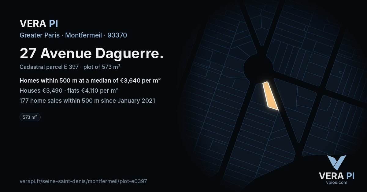 27 Avenue Daguerre, Montfermeil at night – the plot lit, the parcels around coloured by the prices near them