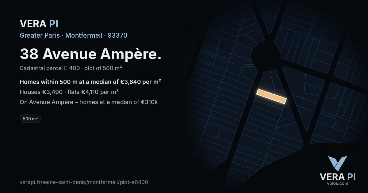 38 Avenue Ampère, Montfermeil at night – the plot lit, the parcels around coloured by the prices near them