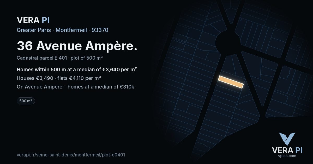36 Avenue Ampère, Montfermeil at night – the plot lit, the parcels around coloured by the prices near them
