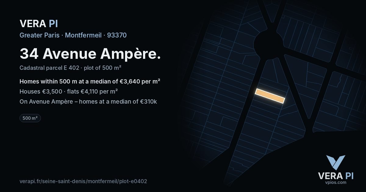34 Avenue Ampère, Montfermeil at night – the plot lit, the parcels around coloured by the prices near them