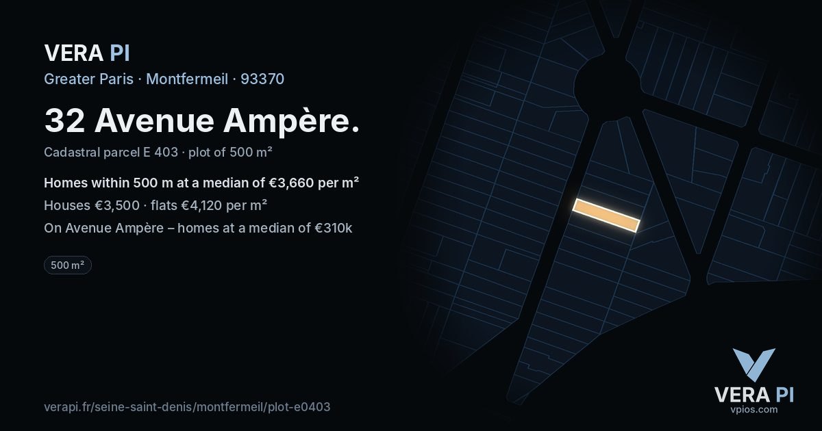 32 Avenue Ampère, Montfermeil at night – the plot lit, the parcels around coloured by the prices near them