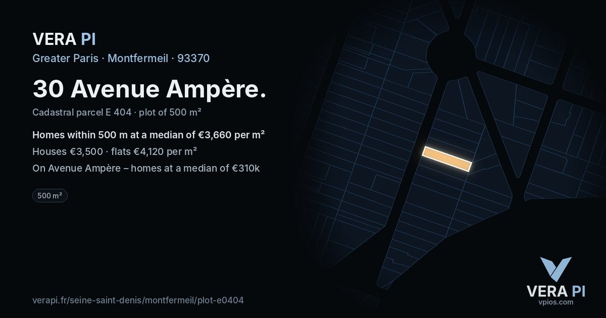 30 Avenue Ampère, Montfermeil at night – the plot lit, the parcels around coloured by the prices near them