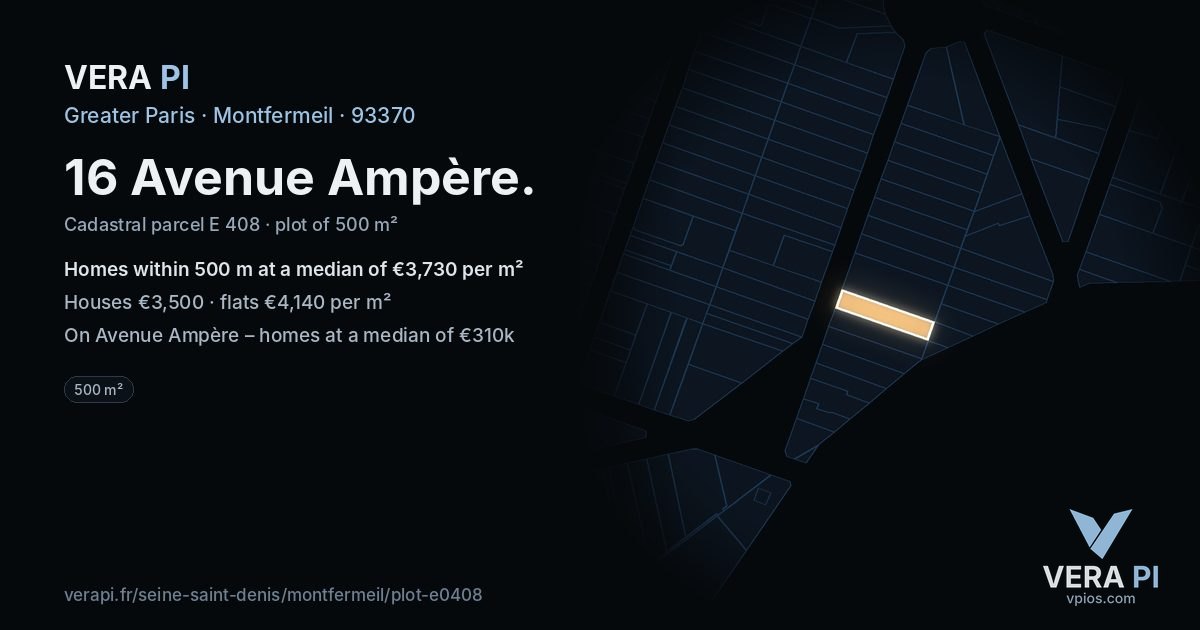 16 Avenue Ampère, Montfermeil at night – the plot lit, the parcels around coloured by the prices near them