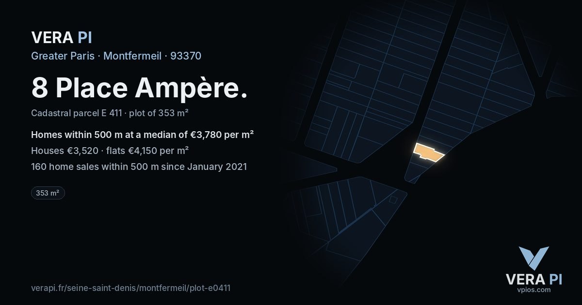 8 Place Ampère, Montfermeil at night – the plot lit, the parcels around coloured by the prices near them