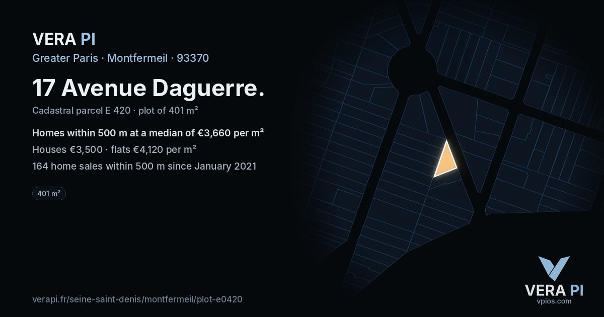 17 Avenue Daguerre, Montfermeil at night – the plot lit, the parcels around coloured by the prices near them