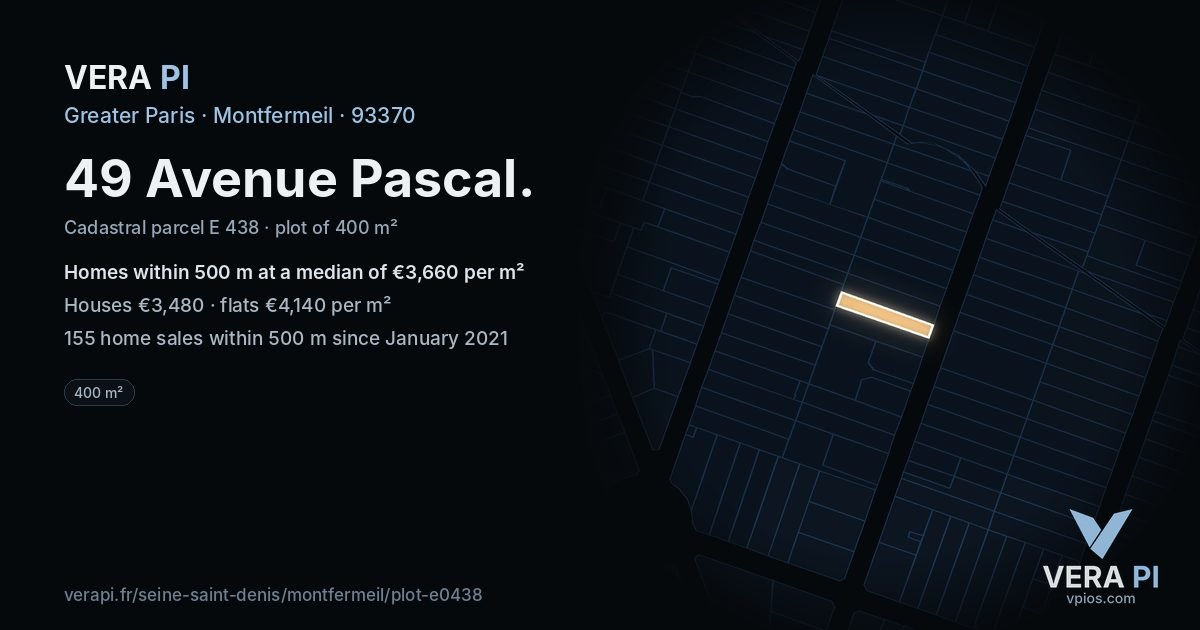 49 Avenue Pascal, Montfermeil at night – the plot lit, the parcels around coloured by the prices near them