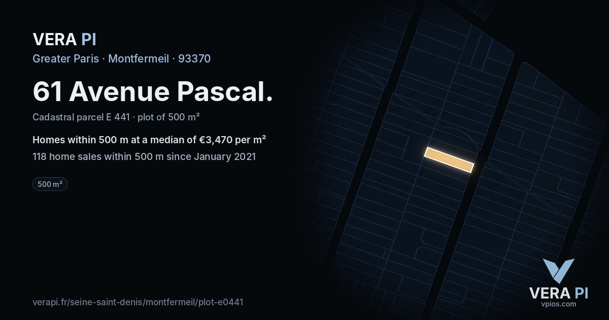 61 Avenue Pascal, Montfermeil at night – the plot lit, the parcels around coloured by the prices near them