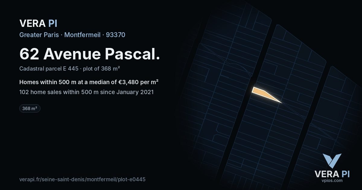 62 Avenue Pascal, Montfermeil at night – the plot lit, the parcels around coloured by the prices near them