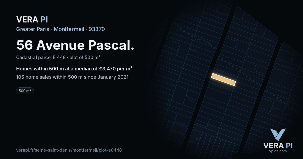 56 Avenue Pascal, Montfermeil at night – the plot lit, the parcels around coloured by the prices near them
