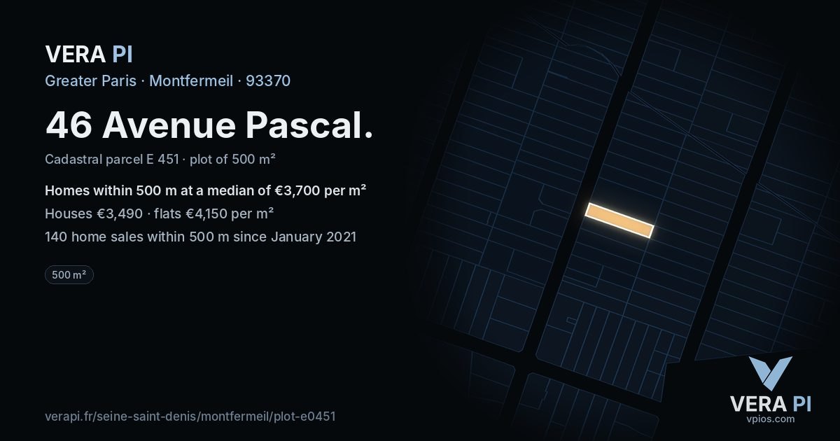 46 Avenue Pascal, Montfermeil at night – the plot lit, the parcels around coloured by the prices near them