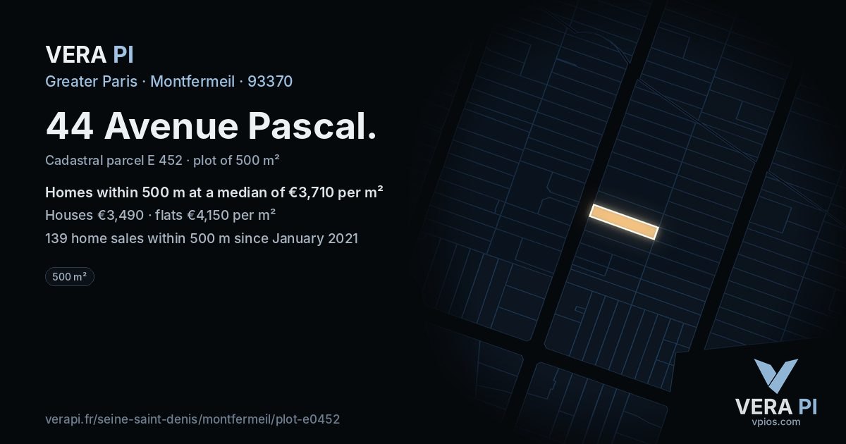 44 Avenue Pascal, Montfermeil at night – the plot lit, the parcels around coloured by the prices near them