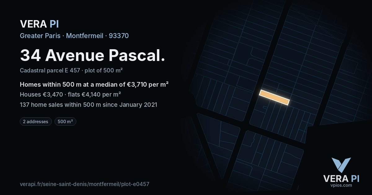 34 Avenue Pascal, Montfermeil at night – the plot lit, the parcels around coloured by the prices near them