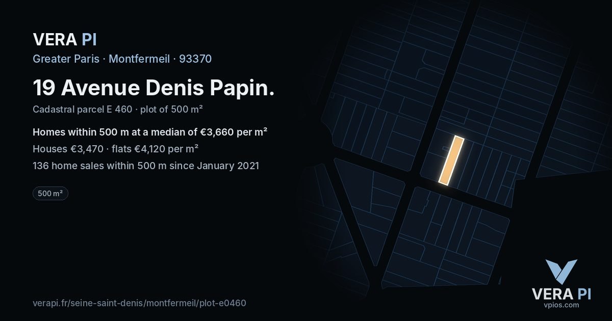 19 Avenue Denis Papin, Montfermeil at night – the plot lit, the parcels around coloured by the prices near them