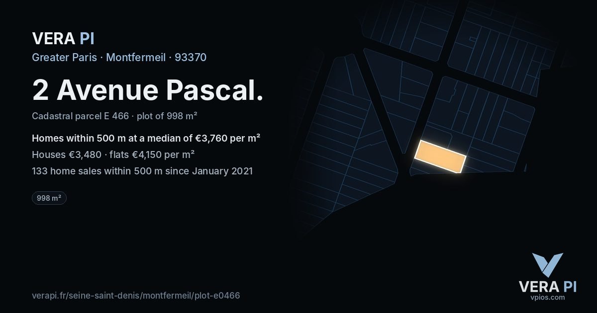 2 Avenue Pascal, Montfermeil at night – the plot lit, the parcels around coloured by the prices near them