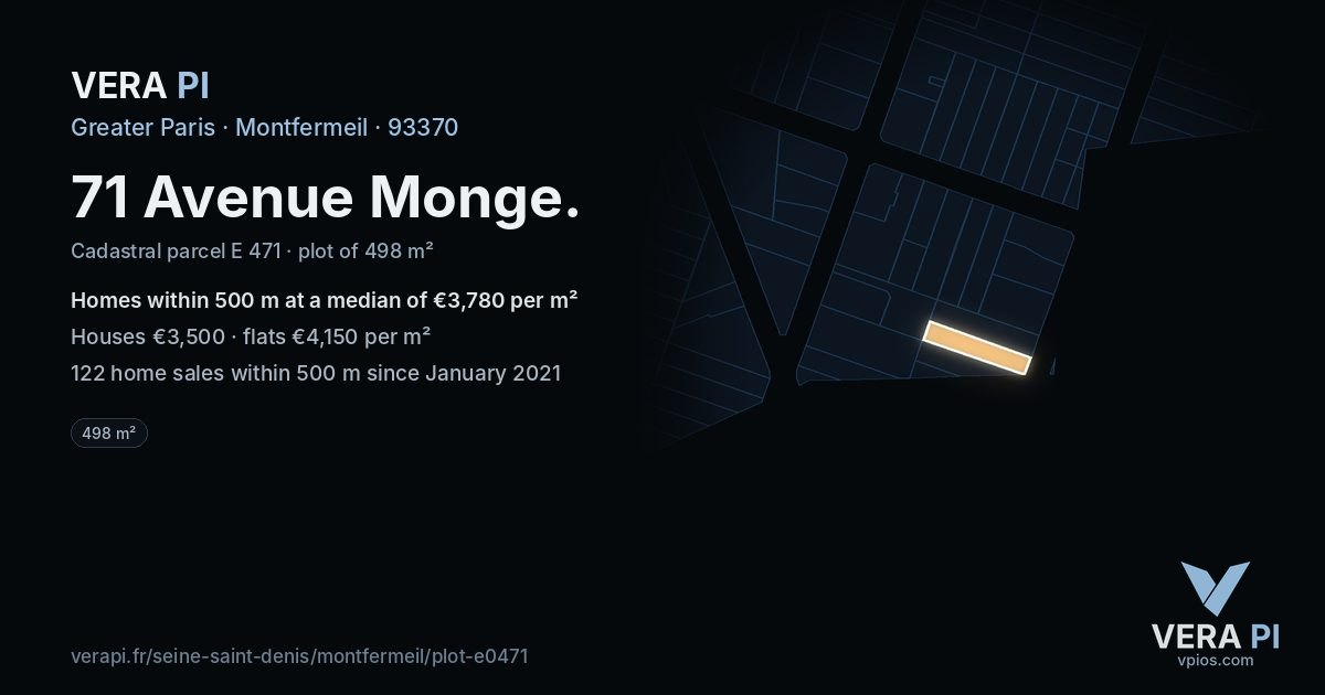 71 Avenue Monge, Montfermeil at night – the plot lit, the parcels around coloured by the prices near them