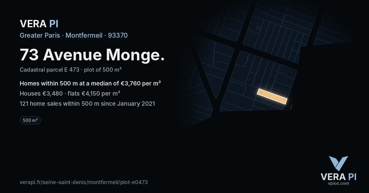 73 Avenue Monge, Montfermeil at night – the plot lit, the parcels around coloured by the prices near them