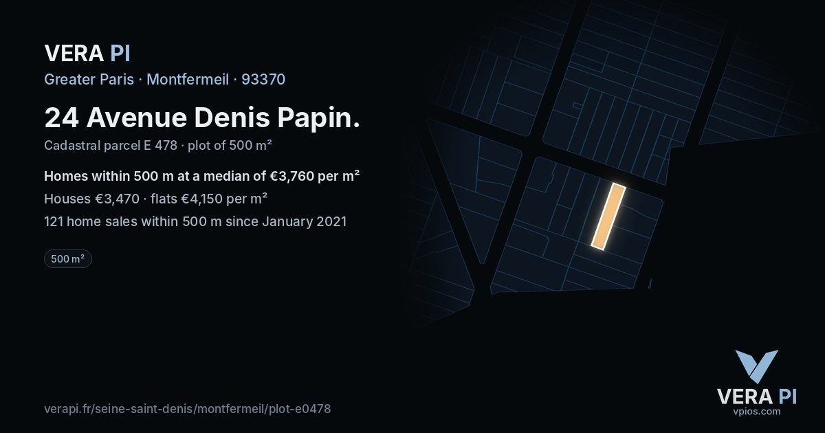24 Avenue Denis Papin, Montfermeil at night – the plot lit, the parcels around coloured by the prices near them