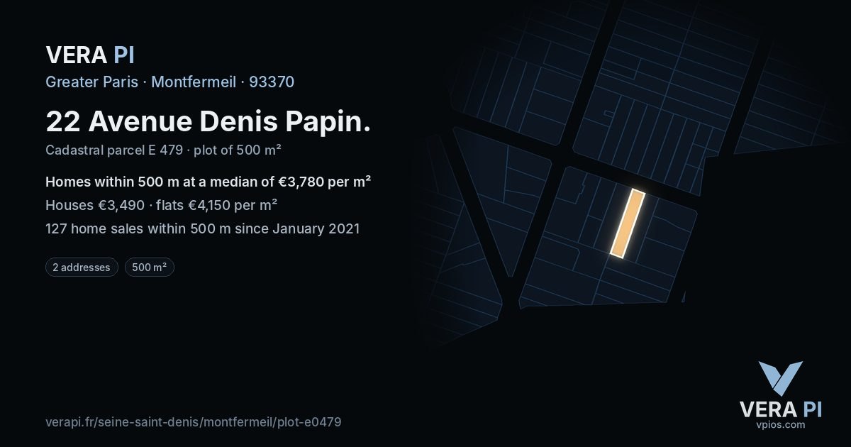 22 Avenue Denis Papin, Montfermeil at night – the plot lit, the parcels around coloured by the prices near them