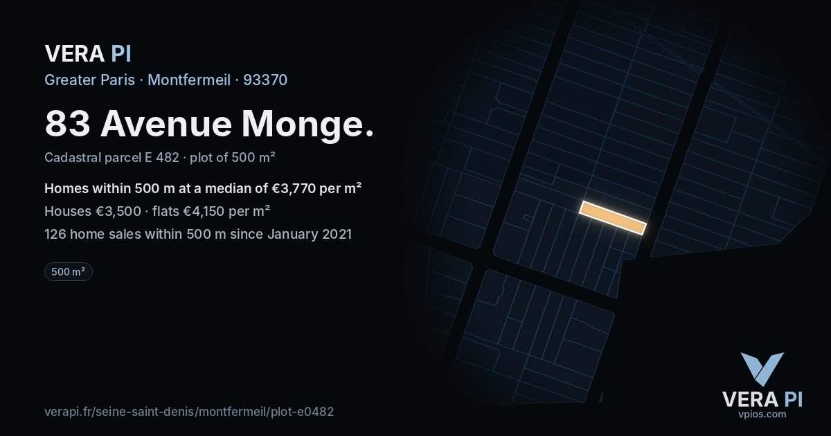 83 Avenue Monge, Montfermeil at night – the plot lit, the parcels around coloured by the prices near them