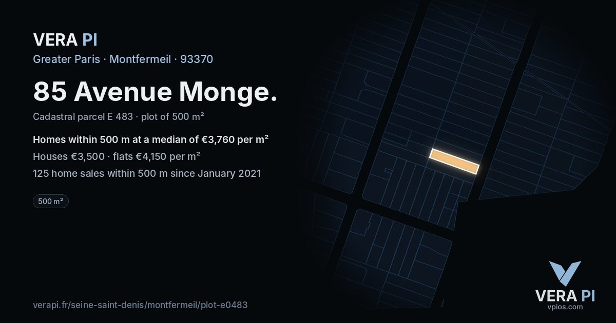85 Avenue Monge, Montfermeil at night – the plot lit, the parcels around coloured by the prices near them