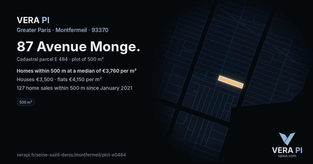 87 Avenue Monge, Montfermeil at night – the plot lit, the parcels around coloured by the prices near them