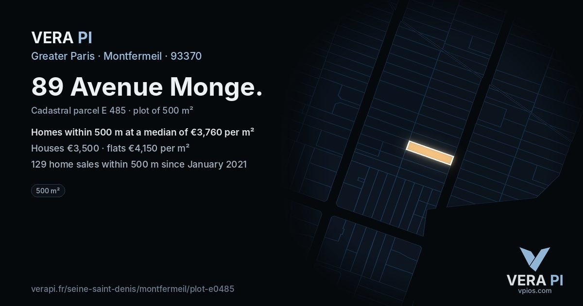 89 Avenue Monge, Montfermeil at night – the plot lit, the parcels around coloured by the prices near them